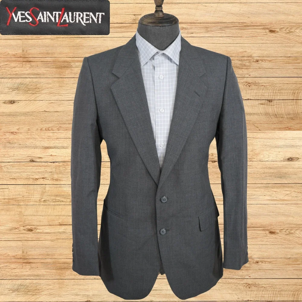 Yves Saint Laurent Vintage 1980s Solid Gray 2-Btn Suit Jacket Made in France YSL
